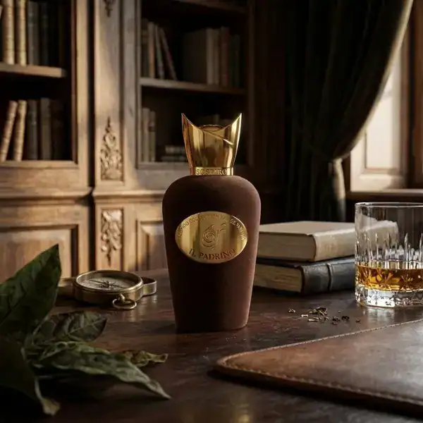 Sospiro Il Padrino Eau de Parfum bottle with gold cap and velvet finish.