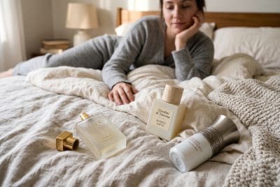 Gossamer-toned perfume bottle by Guerlain with light wooden cap on plush bed setting.