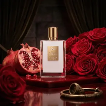 Love Tilan perfume bottle with gold cap, set among roses and pomegranate, showcasing elegance and lu.