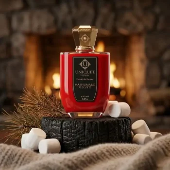 Unique Luxury Mashumaro fragrance bottle with gold cap, set against a cozy fireplace background.